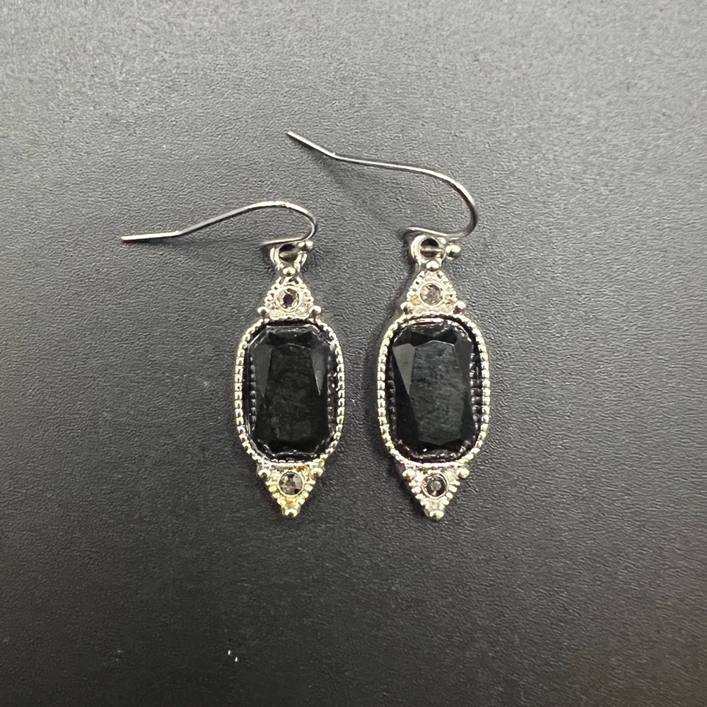 Monet Silver Tone and Black Drop Earrings